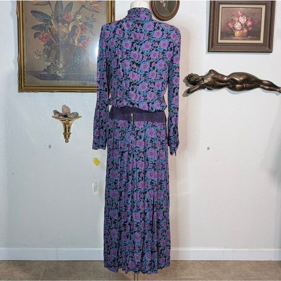 Vintage 80s Patty O'Neil Floral Maxi Dress Purple Mock Neck Maximalist Bohemian - Picture 4 of 7